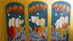 Hinter drei Bögen feiern, Acryl-Gold, 90 x 60 cm